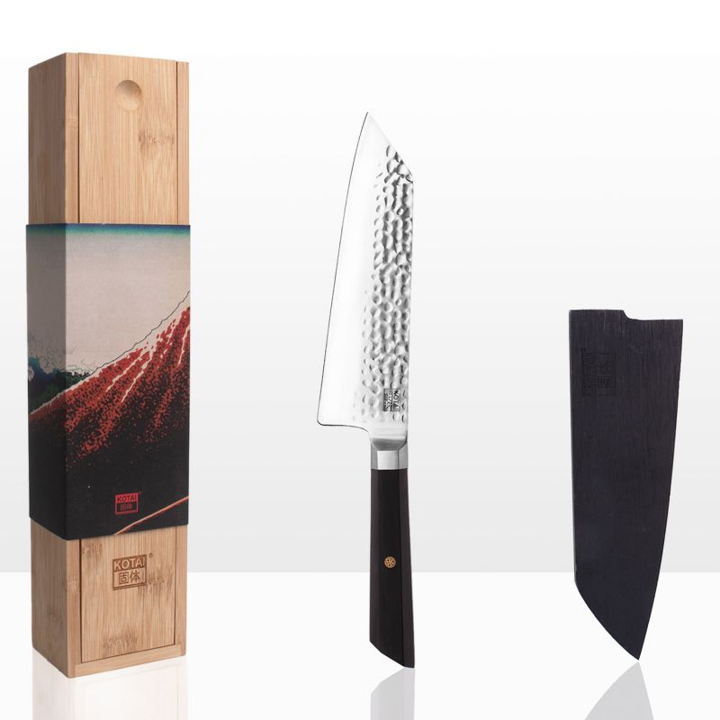 Japanisches Santoku Bunka gehämmertes Küchenmesser - mit Saya und Bambusbox - Klinge 17 cm