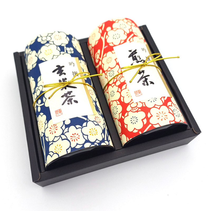 Duo di scatole da tè giapponesi blu e rosse ricoperte di carta washi, UMEROMAN, 200 g