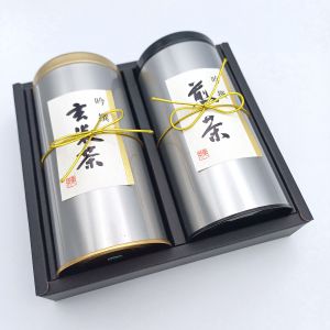 Duo of tea boxes with 100 g of sencha and 100g Matcha iri genmaicha