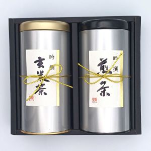 Duo aus Teeboxen mit 100 g Sencha und 100 g Matcha iri genmaicha