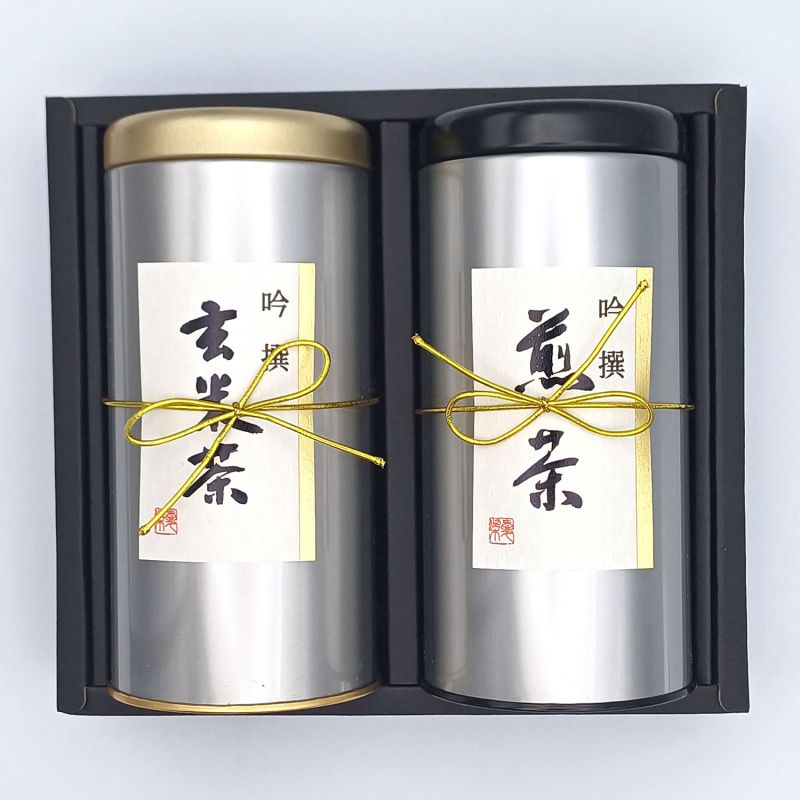 Duo di scatole da tè con 100 g di sencha e 100 g di Matcha iri genmaicha