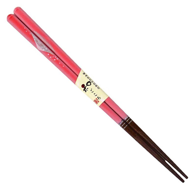 Pair of Japanese chopsticks in pink natural wood with Mount Fuji pattern, WAKASA NURI FUJI, 23 cm