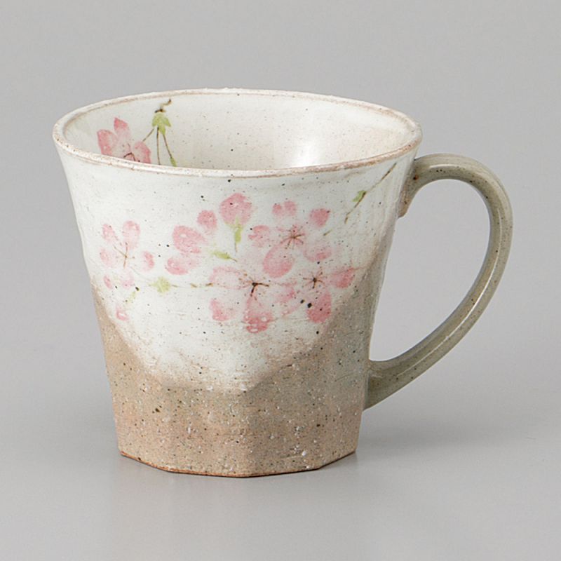 Mug japonais en céramique avec anse, beige et rose - SAKURA