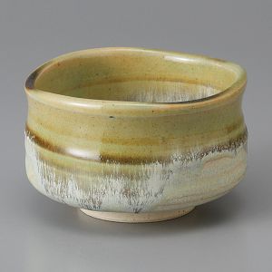 Japanese ceramic tea ceremony bowl, gray, beige, green border - KYOKAI