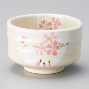 bol japonais à cérémonie du thé - chawan, SAKURA HANGETSU, fleurs roses