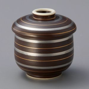 Japanese Chawanmushi tea bowl with lid, brown with gold and silver lines, RAIN