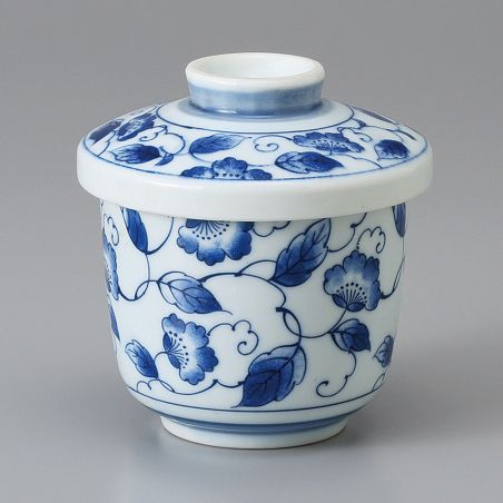 blue japanese tea bowl with lid - chawanmushi - HANA KARAKUSA