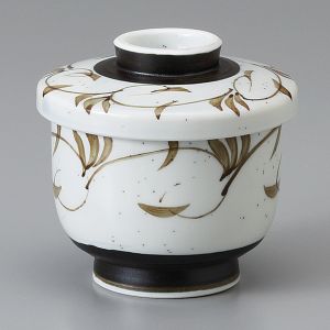 Japanischer Becher mit Chawan Mushi Deckel, grauen und braunen Arabesken - ARABESUKU