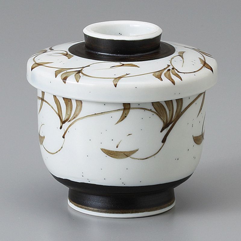 Tasse japonaise avec couvercle chawan mushi, gris et arabesques marron - ARABESUKU