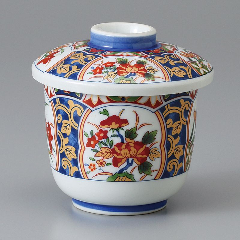 Bol à thé japonais Chawanmushi en céramique avec couvercle, motif floral, ARITA