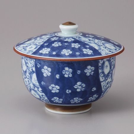 Japanische Chawanmushi-Teeschale mit Deckel, blaue Blumen, Ume Komon