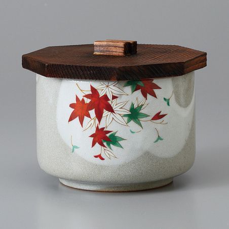 Cuenco de cerámica japonés gris con tapa de madera, TATTAGAWA, momiji