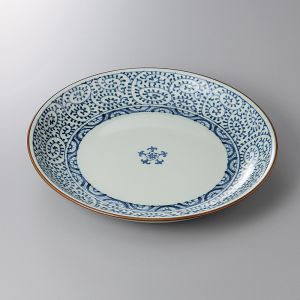 Assiette japonaise ronde, TAKO KARAKUSA, blanche et bleu