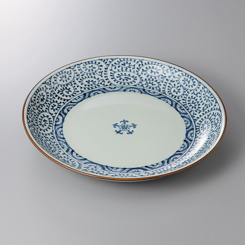 japanese round plate, TAKO KARAKUSA, white and blue