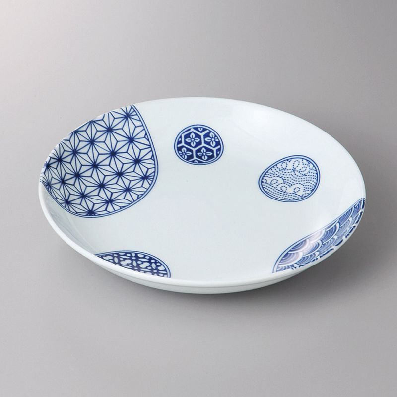 Japanese round ceramic plate, patchwork, blue and white, PATAN