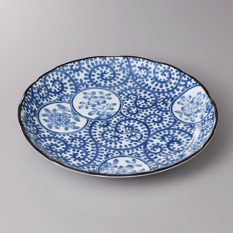 Assiette ronde japonaise, KARAKUSA, bleue