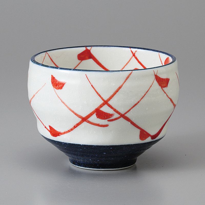 Japanese ceramic tea cup, white and red, bird silhouettes - TORI