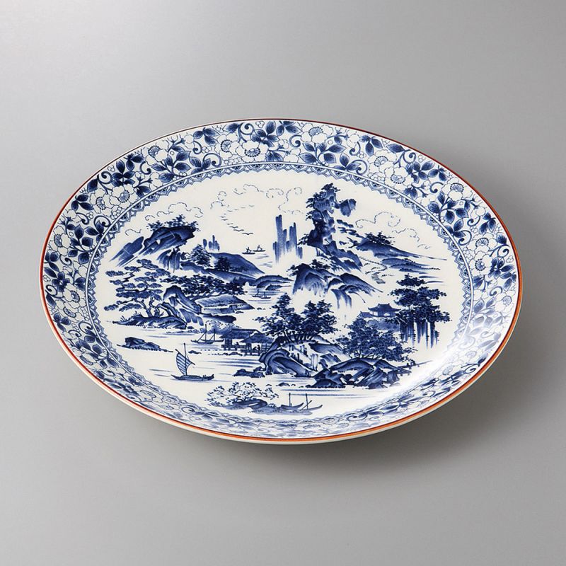 piatto bianco con un affresco blu raffigurante un paesaggio giapponese del passato SHIN SANSUI
