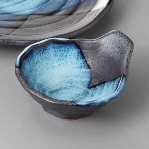 Japanese round plate with bowl, MOKUME, blue