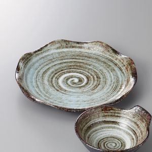 Japanese round plate with bowl, SHIROHAKE, brown