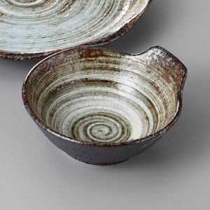 Japanese round plate with bowl, SHIROHAKE, brown