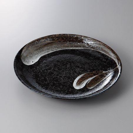 Japanese black ceramic plate Ø23cm, ARAHAKE, brush