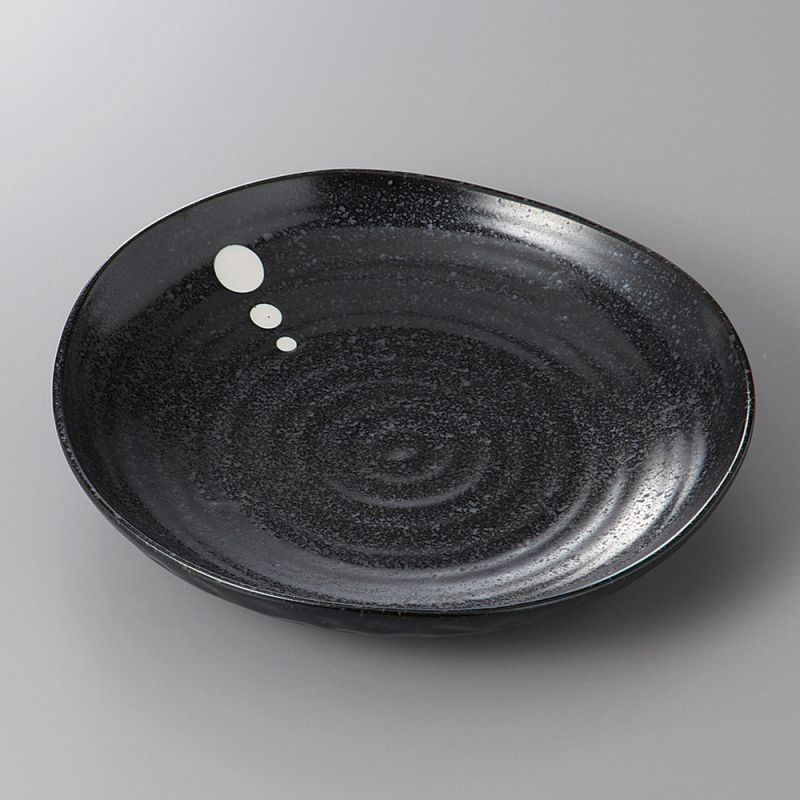 black ceramic Japanese deep plate, DOT, white dots, made in Japan