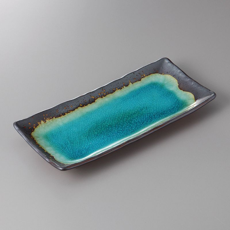 japanese rectangle ceramic plate, LAGOON, turquoise blue