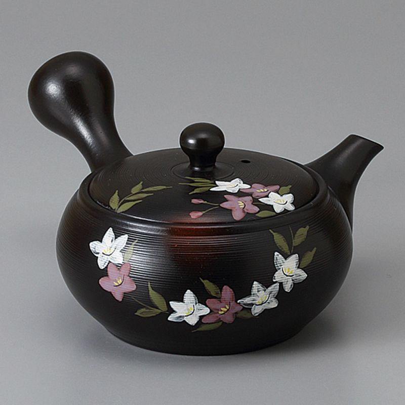 Théière kyusu japonaise en terre tokoname noire motif fleurs, KIKYO, 33 cl