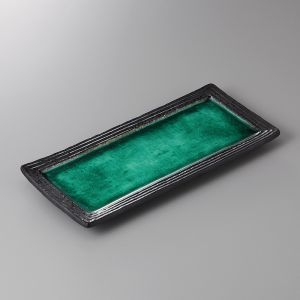 Assiette rectangulaire japonaise, émail craquelé vert, WARETA