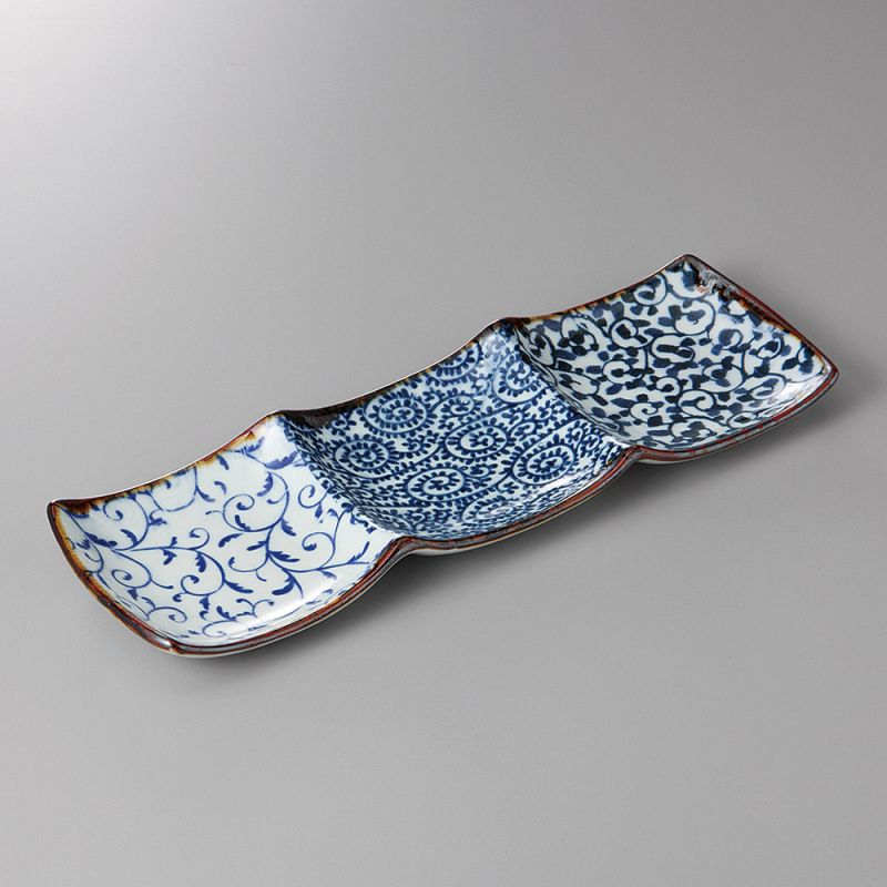 japanese rectangular sushi plate, TAKO KARAKUSA, blue and gray