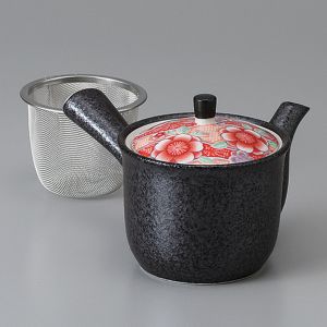 Tetera de cerámica japonesa negra, KOUME, flores rojas