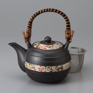 Théière japonaise noire en céramique motif fleuri avec anse, HEIAN KARAKUSA, 60 cl