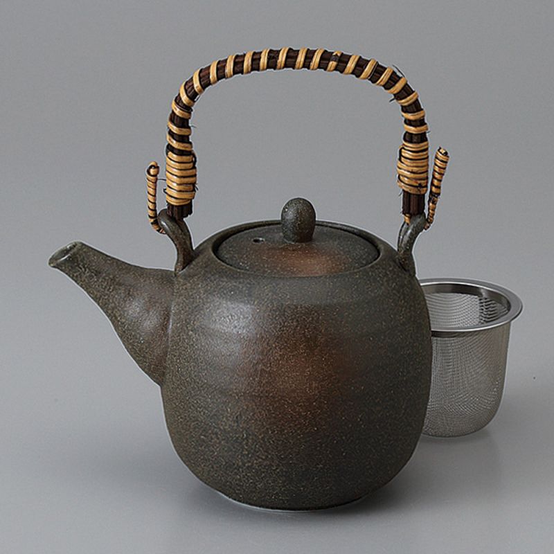 Japanese ceramic teapot with handle, KUROCHA, black and brown