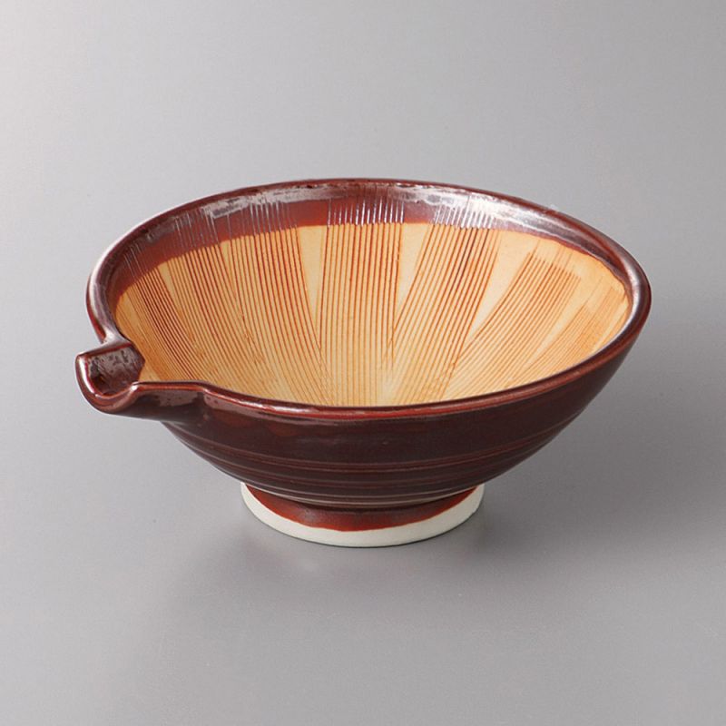 Cuenco suribachi de cerámica japonés pequeño con pico, marrón - SHIMA