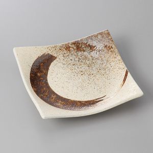 Small square Japanese ceramic plate, beige, brown brushstroke - MIGAKIMASU