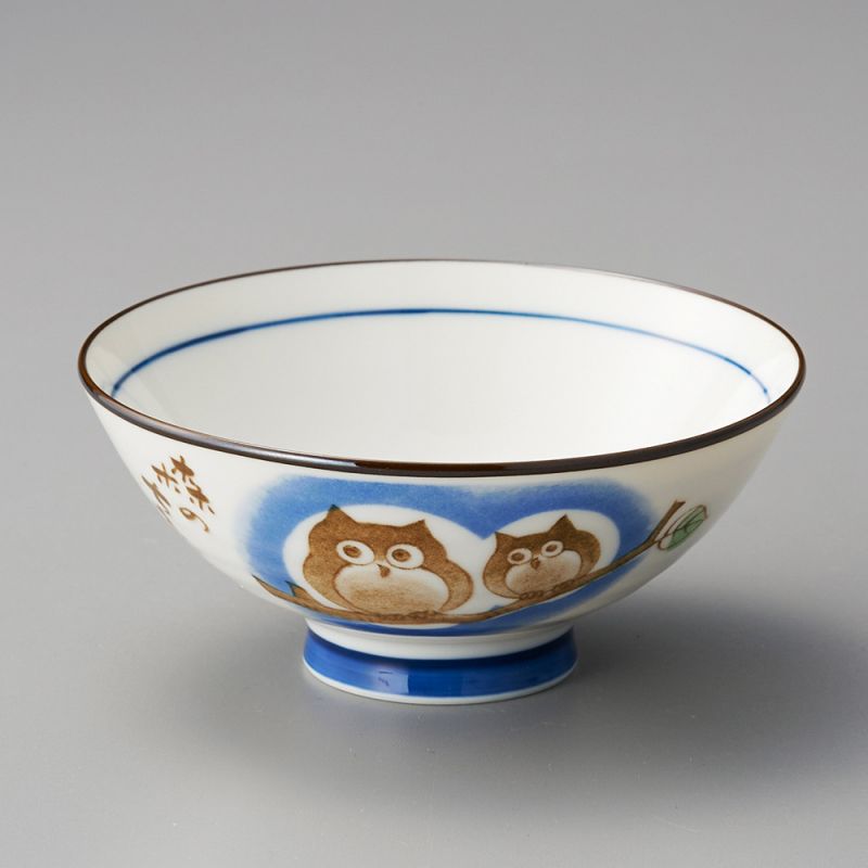 Ciotola di riso in ceramica giapponese, KOHIKI MORI NO CHIE FUKURÔ ÔHIRA, gufo