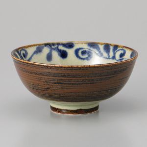 Japanese ceramic rice bowl, brown and blue, HANA NO KARAKUSA