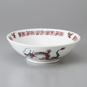 Tazón japonés para fideos ramen de ceramica dragón RYU, rojo y blanco