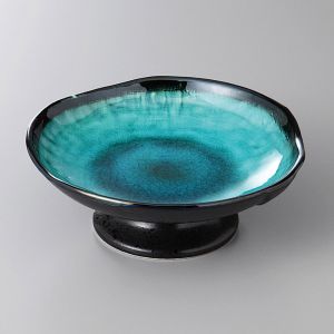 Petite assiette japonaise ronde en céramique, surélevée, émaillée bleu océan, KAIYO