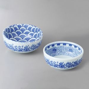 Set of 2 Japanese ceramic NAMIBOTAN sauce bowls, blue patterns