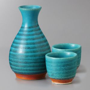 Sake service bottle and 2 cups, TORUKO, turquoise blue