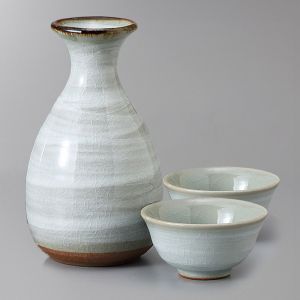 Ceramic sake service, bottle and 2 cups, crackle enamel gray - WARETA