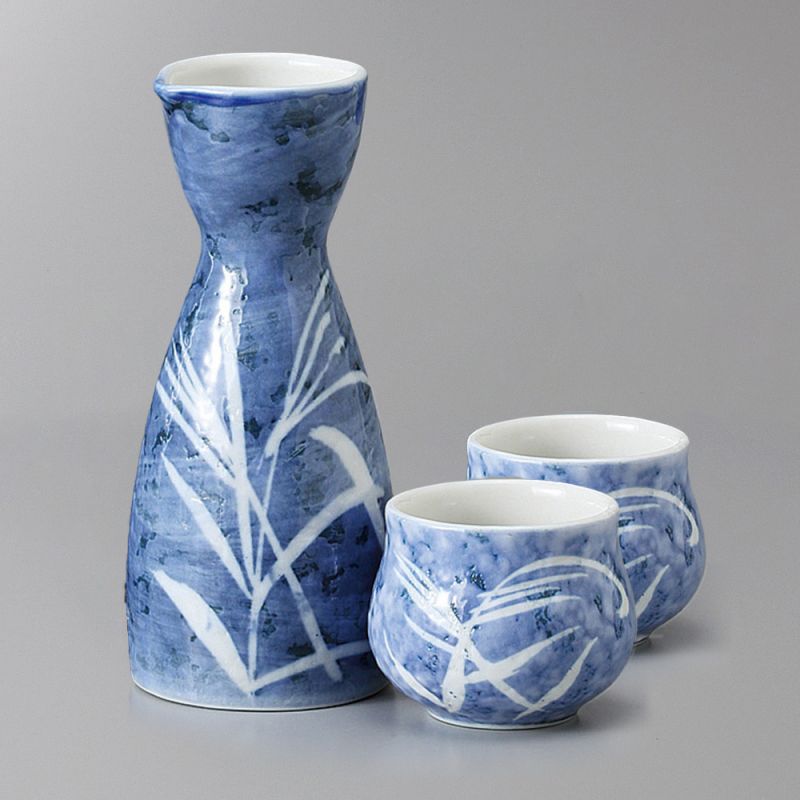 Servizio di sake in ceramica, bottiglia e 2 tazze, blu e bianco - TAKE