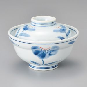 Japanese bowl with lid, white - blue flowers