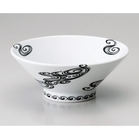 Japanese ceramic ramen bowl, white, black swirls, SENPU