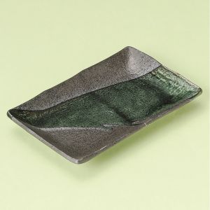 Plato rectangular de cerámica japonesa, SUMUZU, verde y gris oscuro