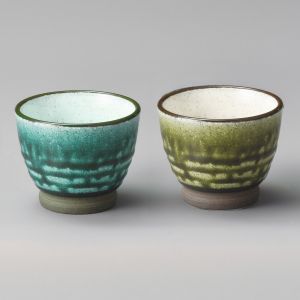 Duo of ceramic tea cups, gray blue and green - NACHURARU