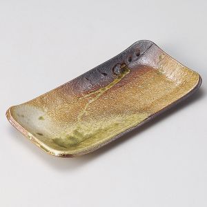 Japanese green rectangular ceramic plate, SABI, green and rust