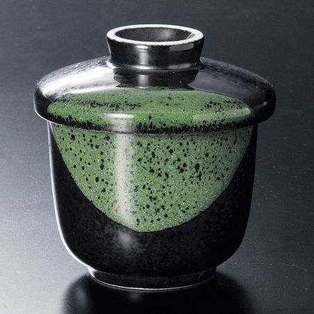 Japanische Teeschale Chawanmushi mit Deckel, schwarz und grün - SANKAKKEI